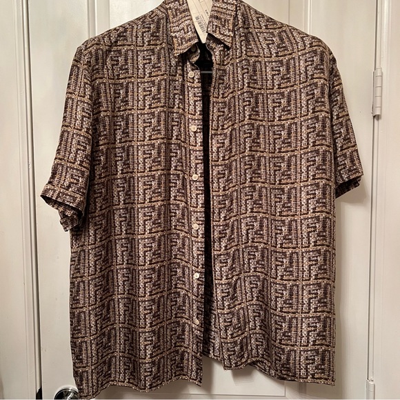 Fendi Brown Casual Button Down Shirt with Geometric Pattern
